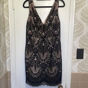 David's Bridal Elegant Black and Cream Lace Mini Dress